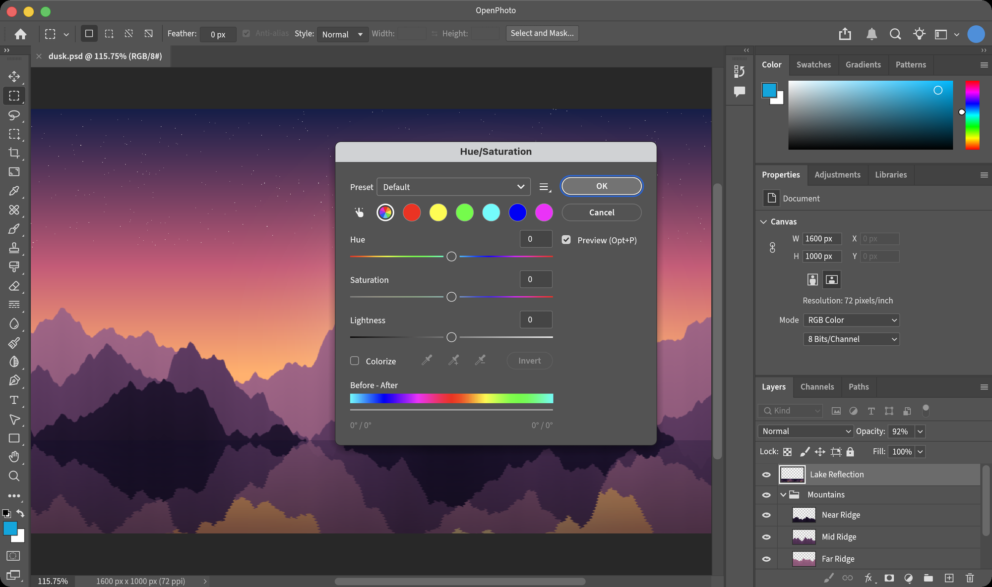 Hue/Saturation dialog