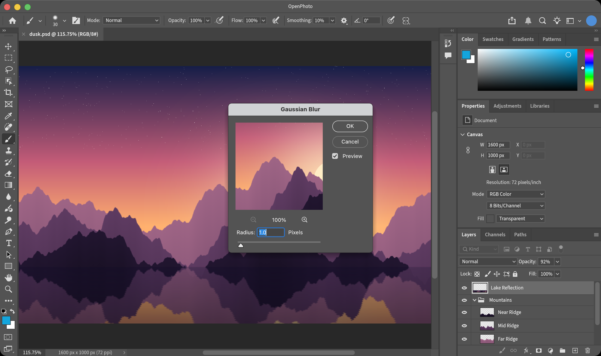 Gaussian Blur dialog with its preview