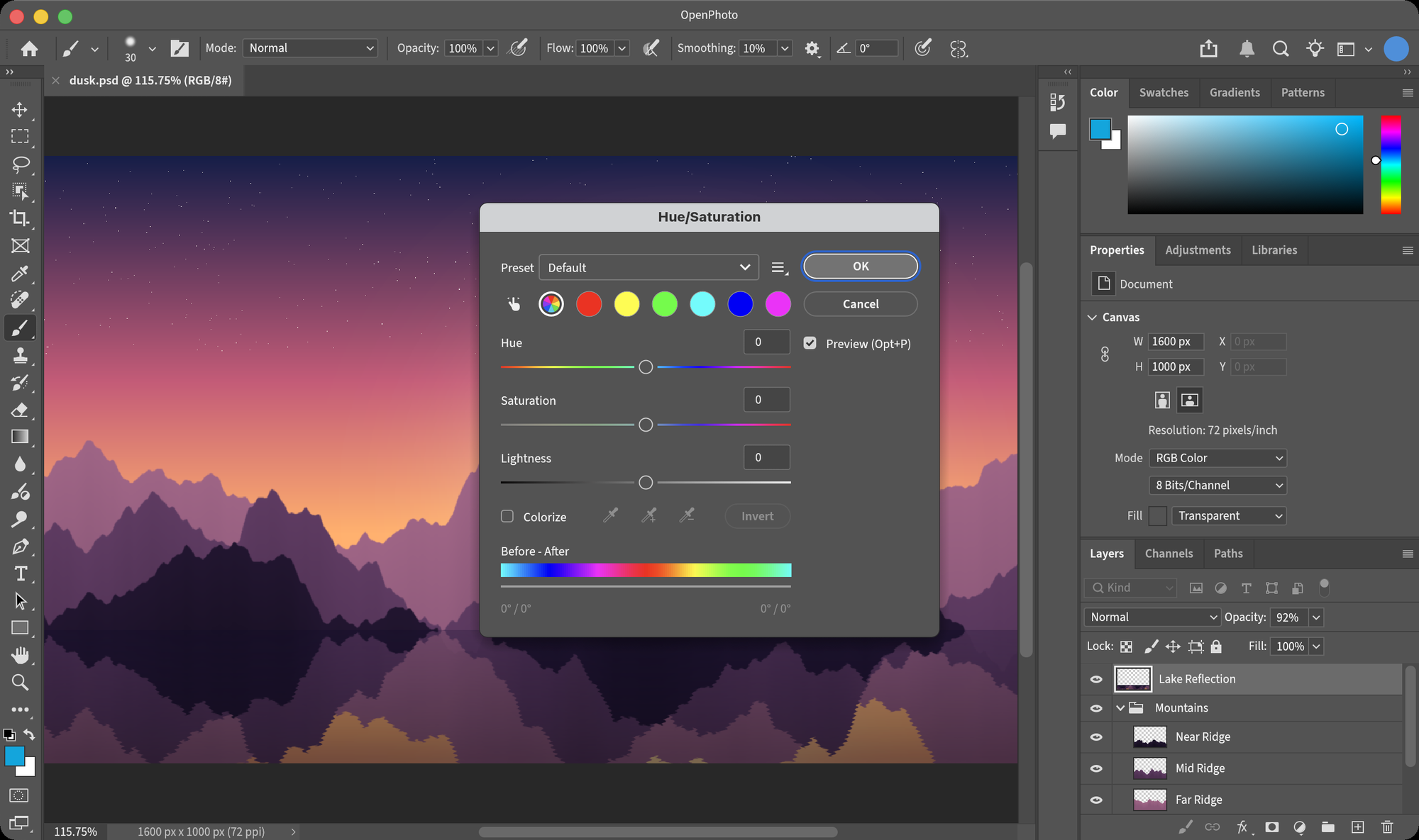 Hue/Saturation dialog