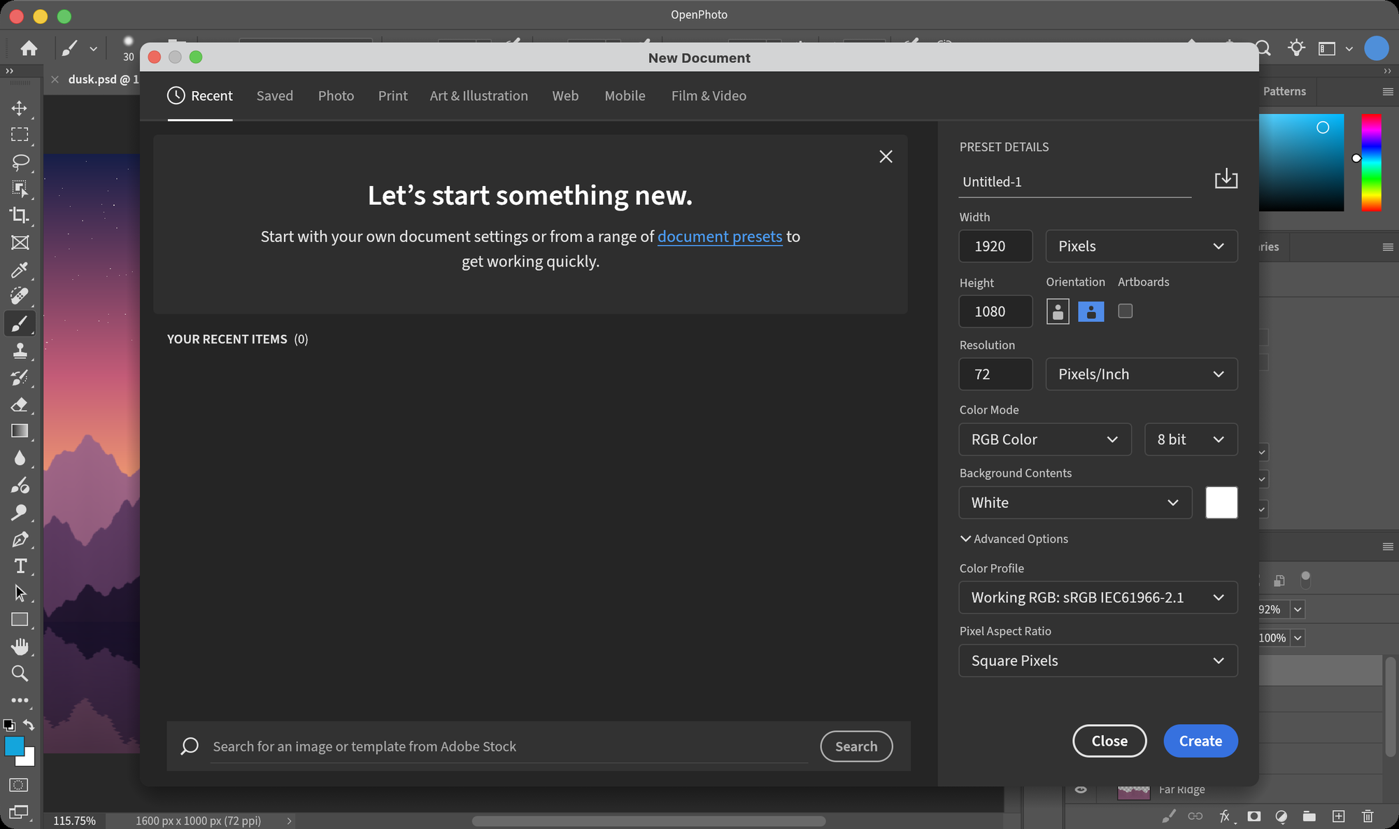 New Document dialog