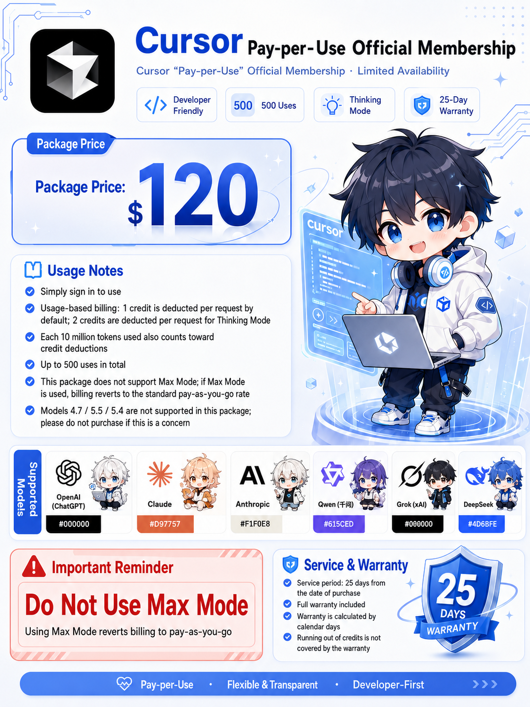 Cursor Pay-per-Use Official Membership — $120, 500 uses, 25-day warranty