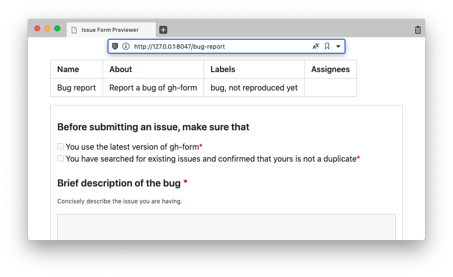 Screenshot of gh-form's preview
