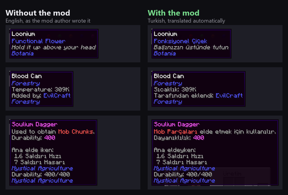 Three item tooltips from the StoneBlock modpack: English without the mod, Turkish with the AutoTranslation mod installed