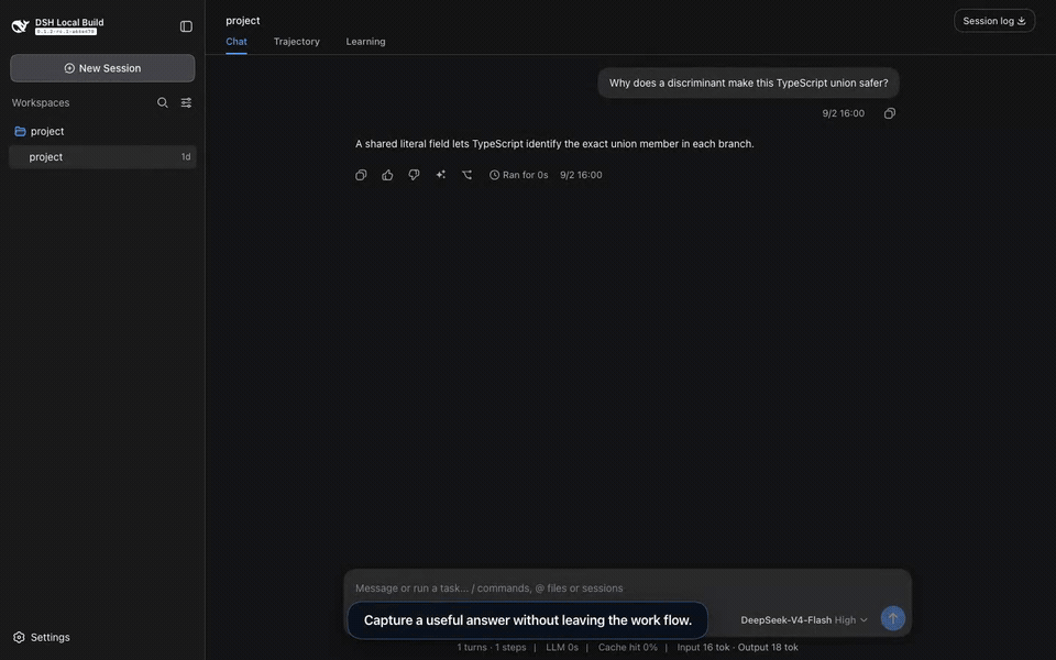 A real DSH Web flow that captures a completed answer, reviews a concept, corrects a learner preference, and exports local data