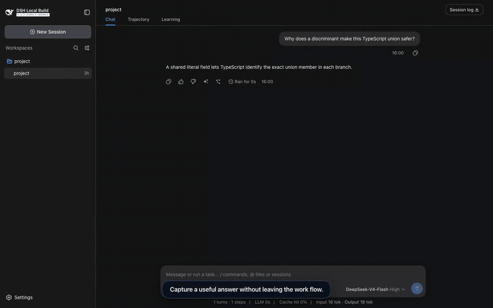 A real DSH Web flow that captures a completed answer, reviews a concept, corrects a learner preference, and exports local data