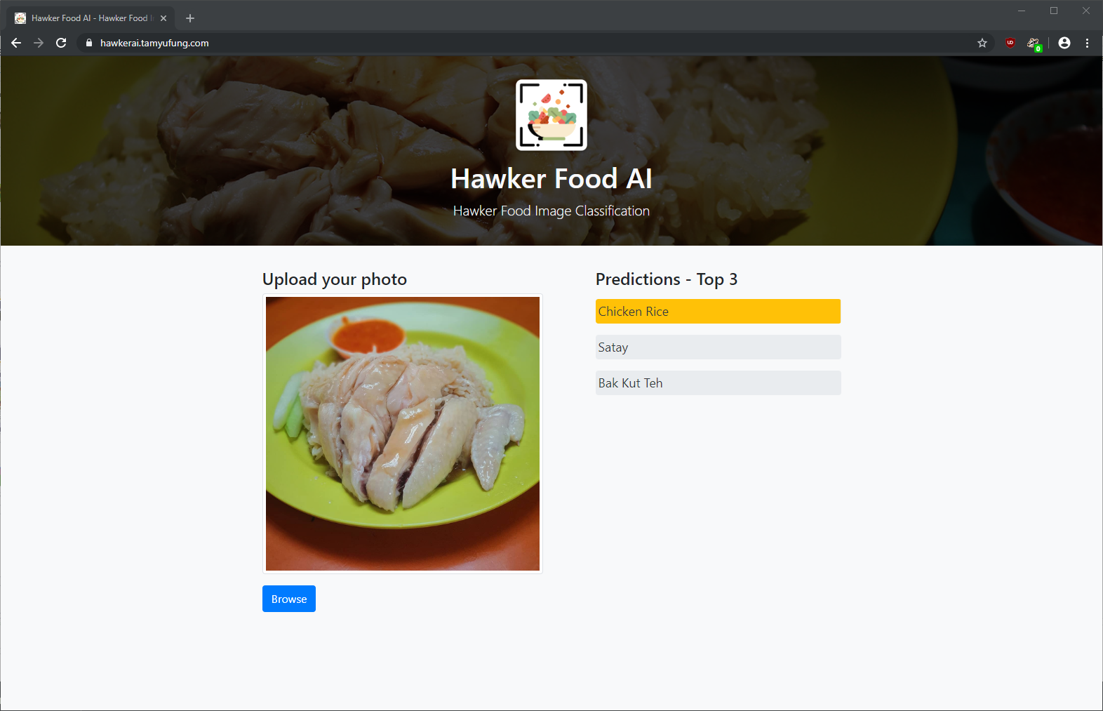 Screenshot of Hawker Food AI web app