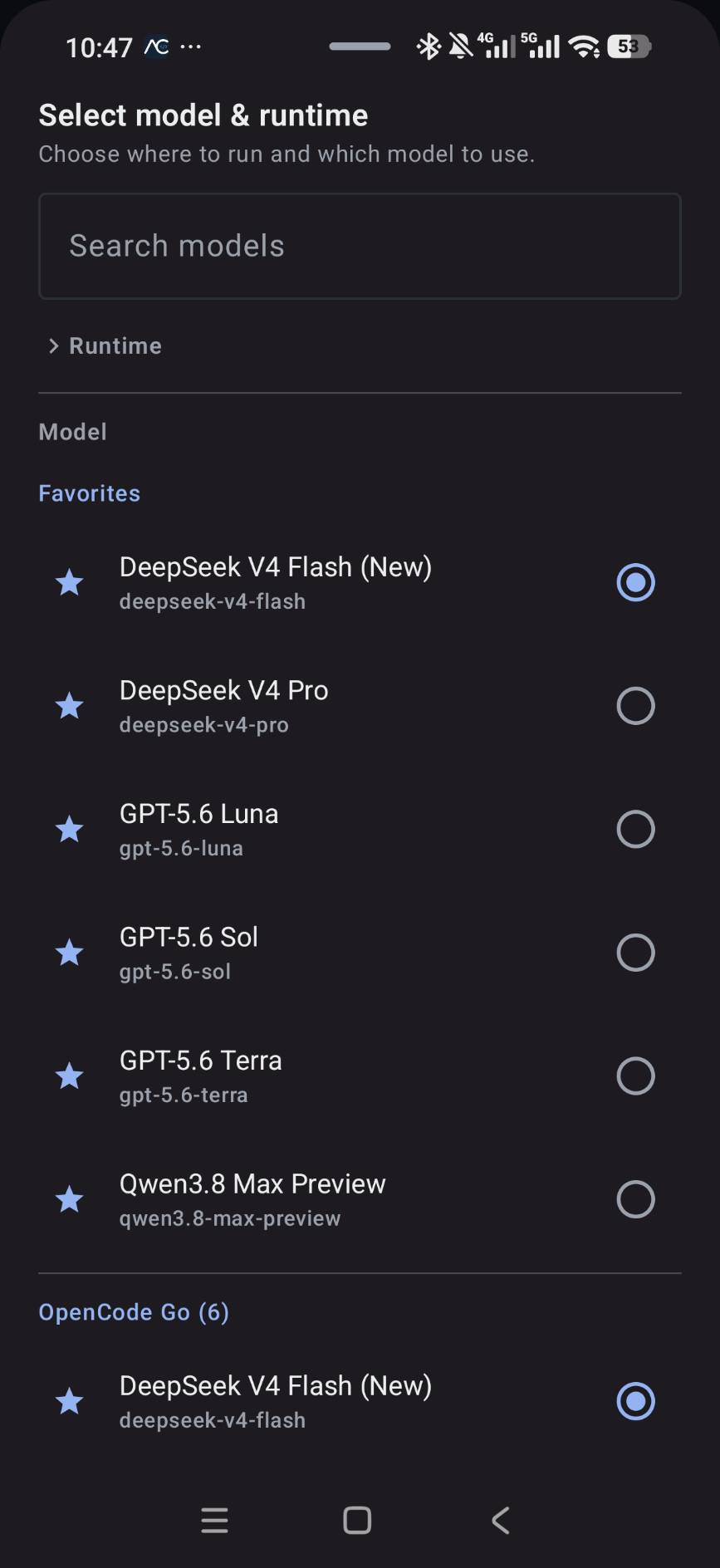 Model and runtime picker with searchable favorite models