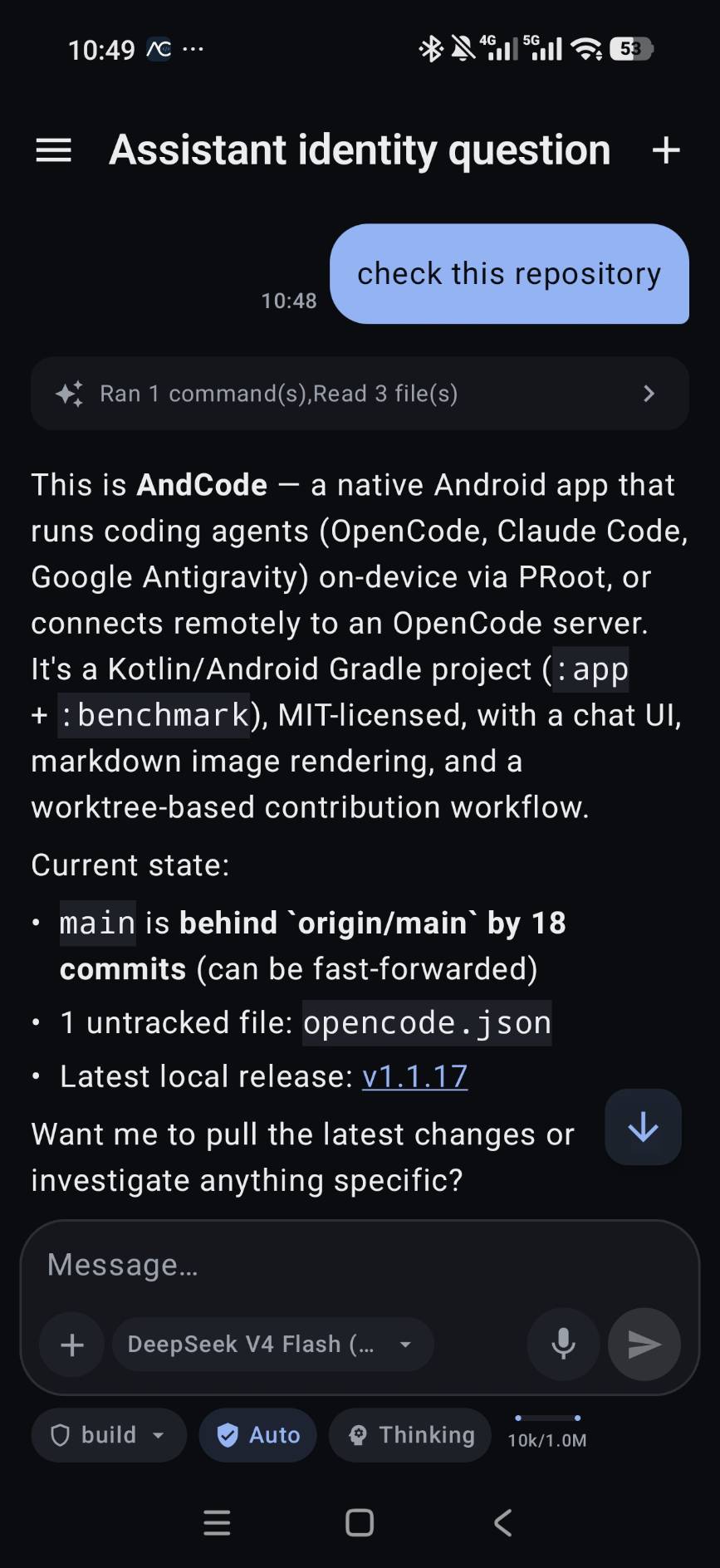 Chat with an agent inspecting the AndCode repository