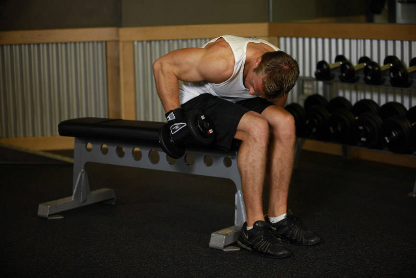 Seated Bent-Over One-Arm Dumbbell Triceps Extension reference position 1