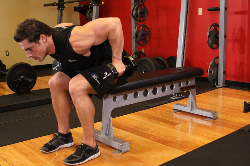 Seated Bent-Over Two-Arm Dumbbell Triceps Extension reference position 1