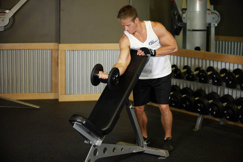 Standing One-Arm Dumbbell Curl Over Incline Bench reference position 1