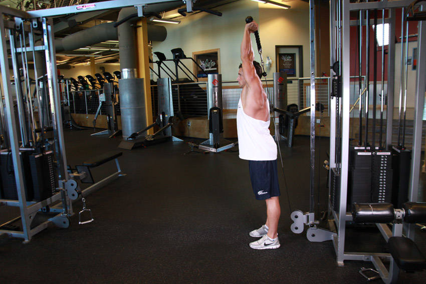 Ending position of Cable Rope Overhead Triceps Extension