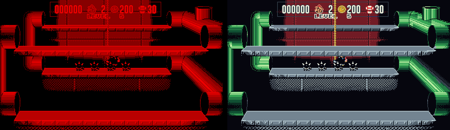 Comparação de Mario Clash original e colorido no emulador VBoy Color