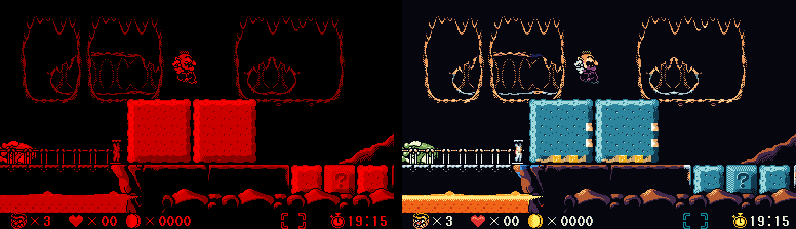 Comparação oficial de Virtual Boy Wario Land em versões vermelha e colorizada