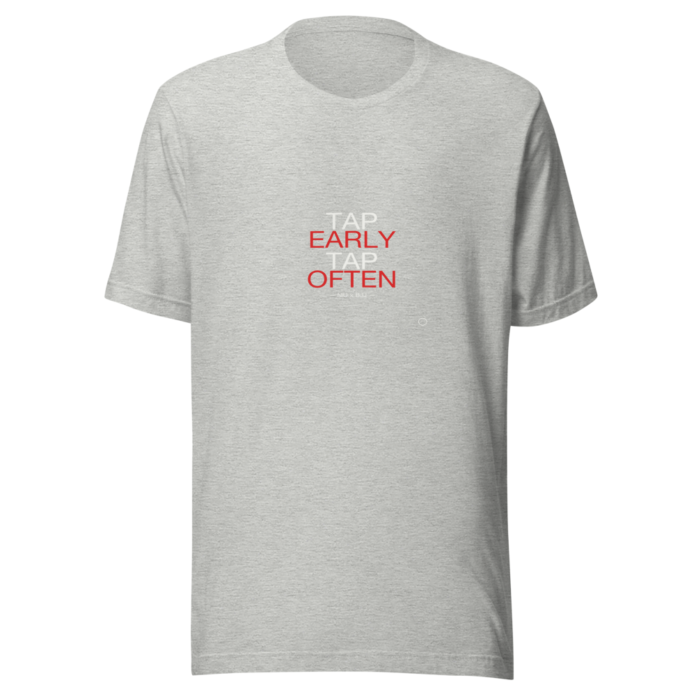 MU × BJJ #01 · TEE HEATHER · TAP EARLY — bjj