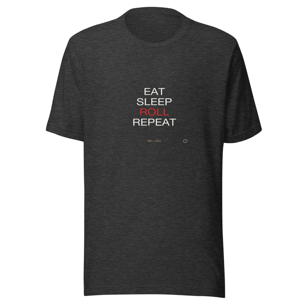 MU × BJJ #04 · TEE DARK HEATHER · EAT SLEEP ROLL — bjj