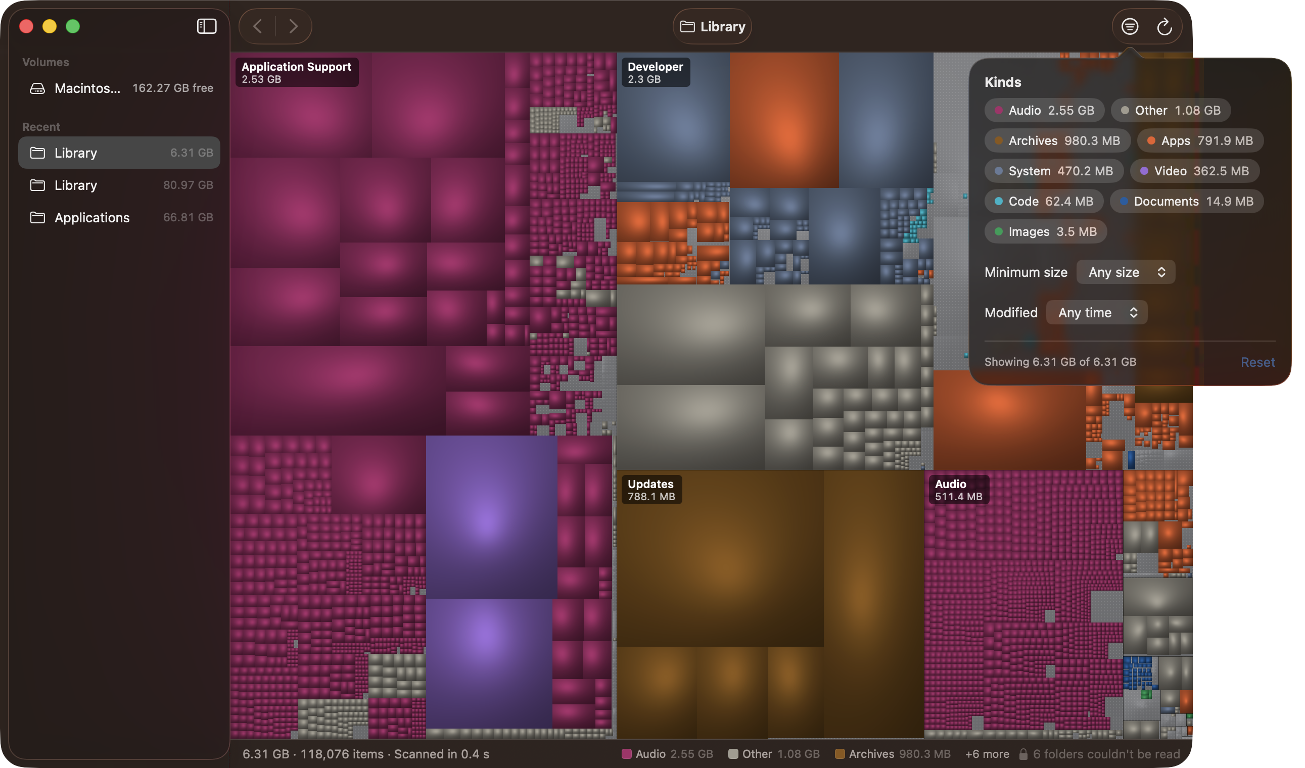 Filters popover with file types, minimum size and age