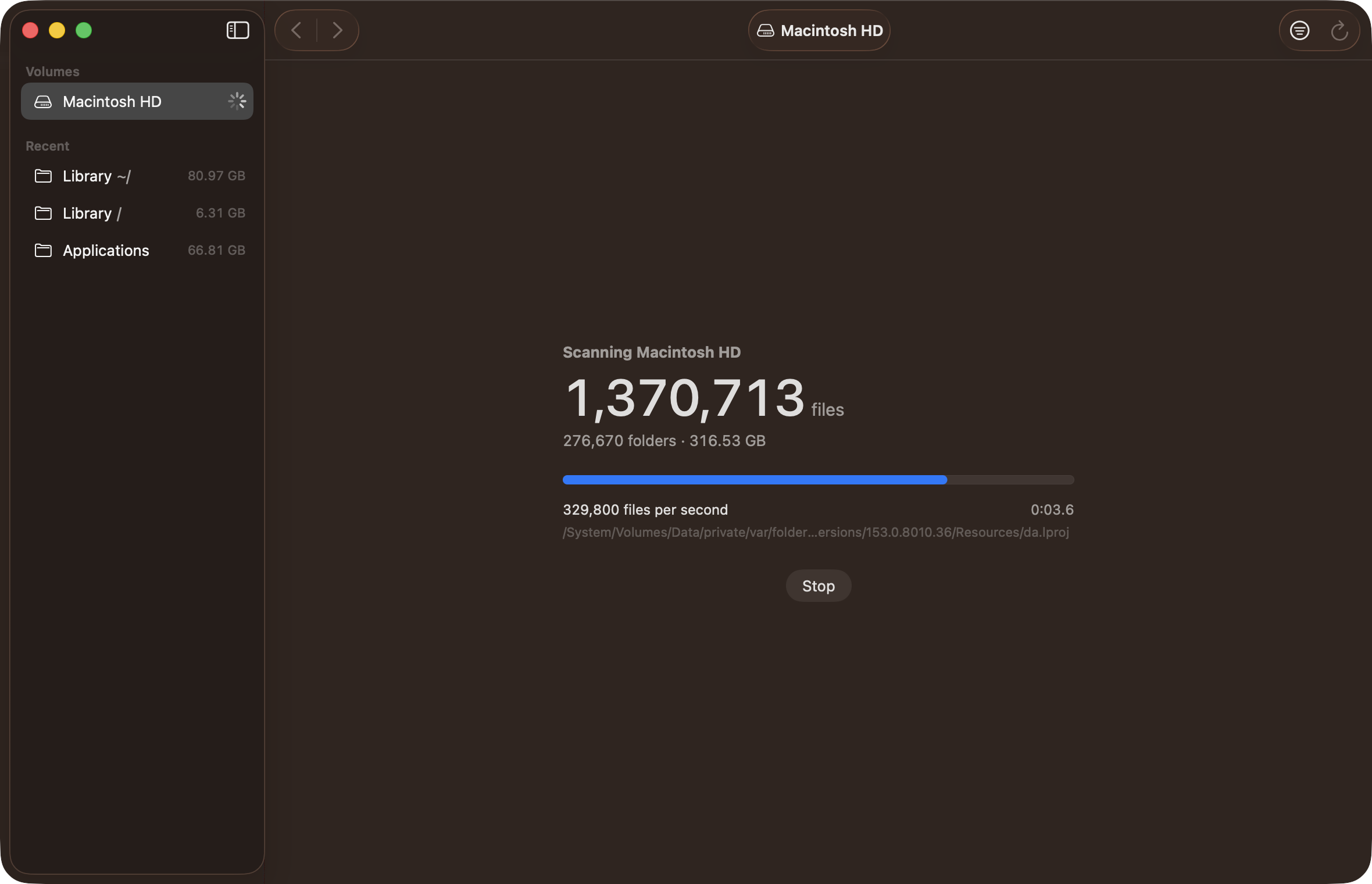 A scan in progress with live file and folder counters