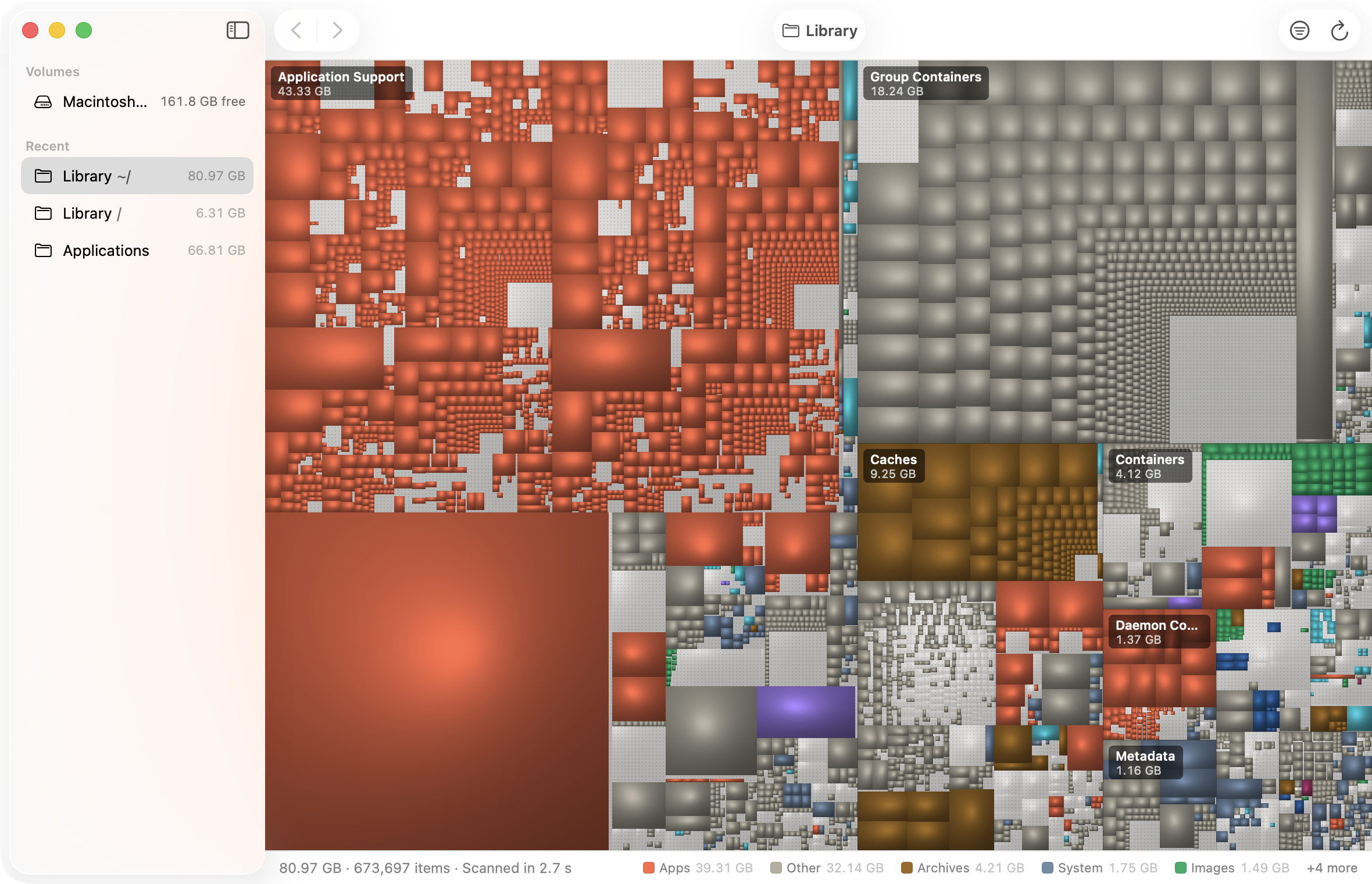 Hollow showing a treemap of a Library folder, colored by file type