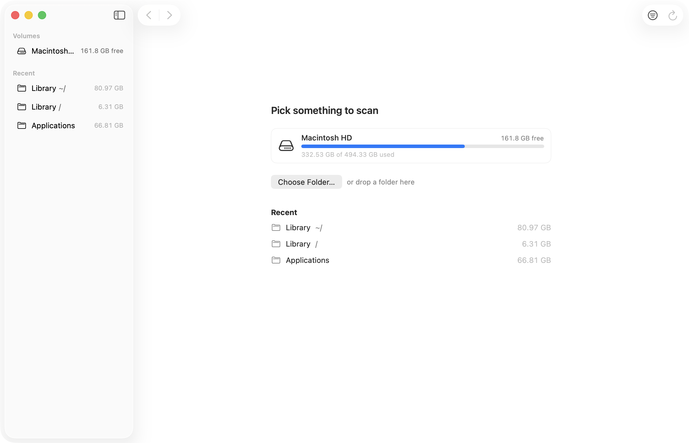 Welcome screen with volumes and recent folders