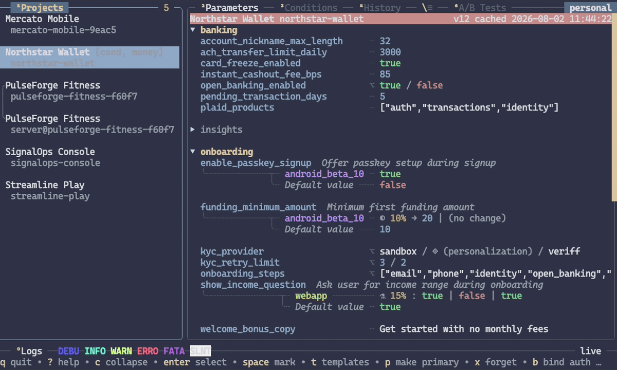 fbrcm terminal interface showing Firebase Remote Config projects and parameters