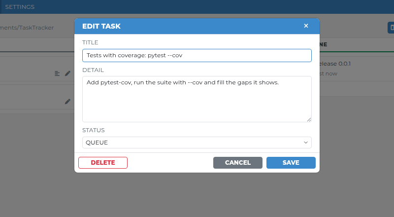 The task dialog: title, detail, status, and DELETE, CANCEL and SAVE