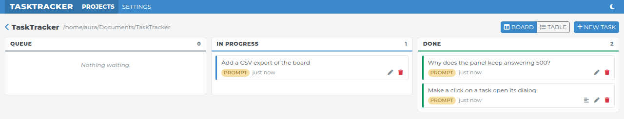 Prompts mode: three prompts as cards, one in IN PROGRESS and two in DONE