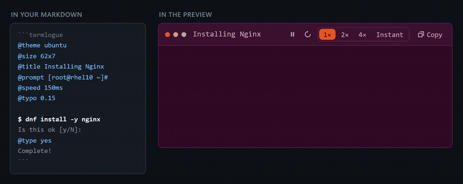 A block with @typo, and the terminal mistyping and correcting itself in the preview
