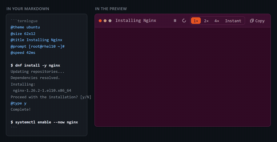A termlogue block, and the animated terminal it becomes in the preview
