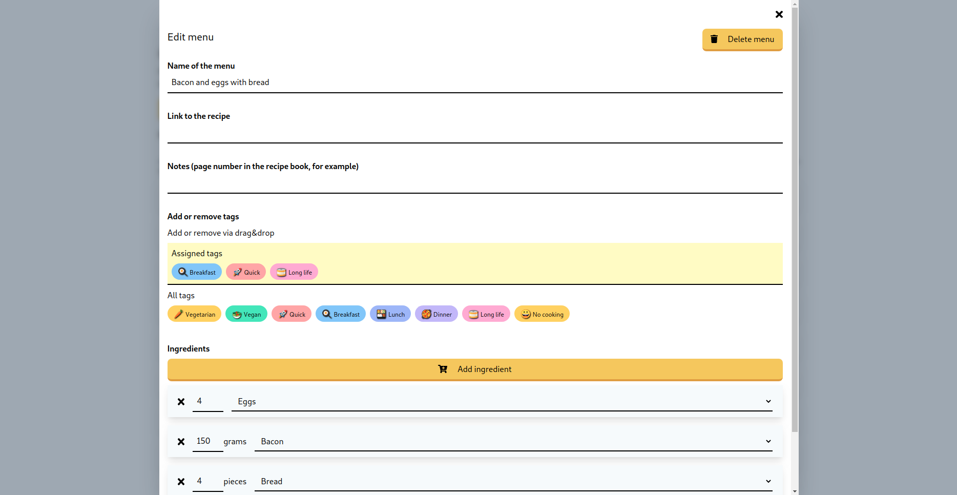 Edit modal for meals
