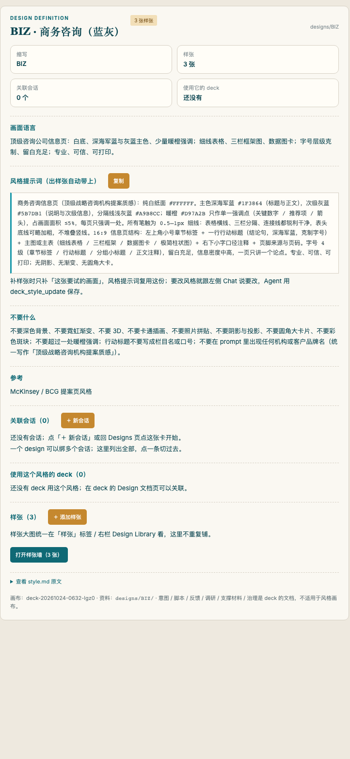 Deckline 模板管理：风格定义、提示词、关联会话与样张管理