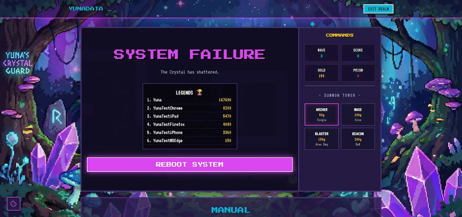 A pixel-art style interface for the tower defense game 'Crystal Guard.' A central 'System Failure' window indicates the game has ended, displaying a 'Legends' high score list with 'Yuna' in first place. The right-hand menu shows tower summoning options like Archer, Mage, and Blaster in a neon-purple color scheme.
