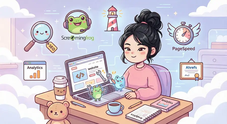 Illustration of a digital analytics student with black hair working on a laptop, surrounded by SEO tool icons like Screaming Frog, Google Lighthouse, and PageSpeed Insights.
