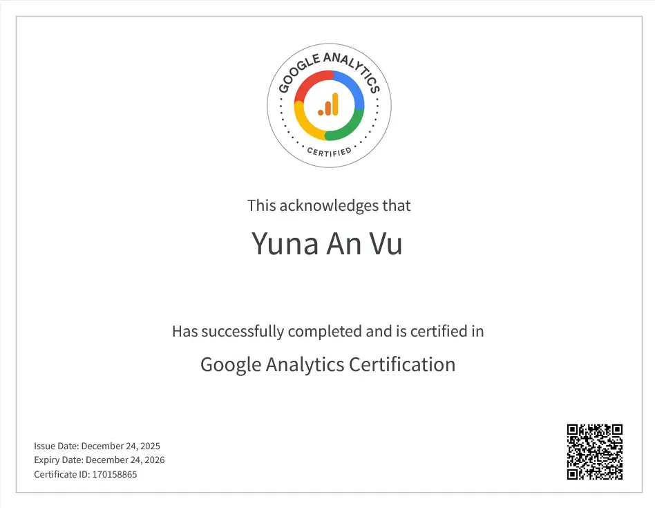 Screenshot of my official Google Analytics Certification from Skillshop.