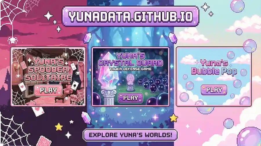 A pixel-art style banner showcasing Yuna An Vu's three portfolio games: Spooder Solitaire, Crystal Guard, and Bubble Pop, with the text 'Explore Yuna's Worlds'.