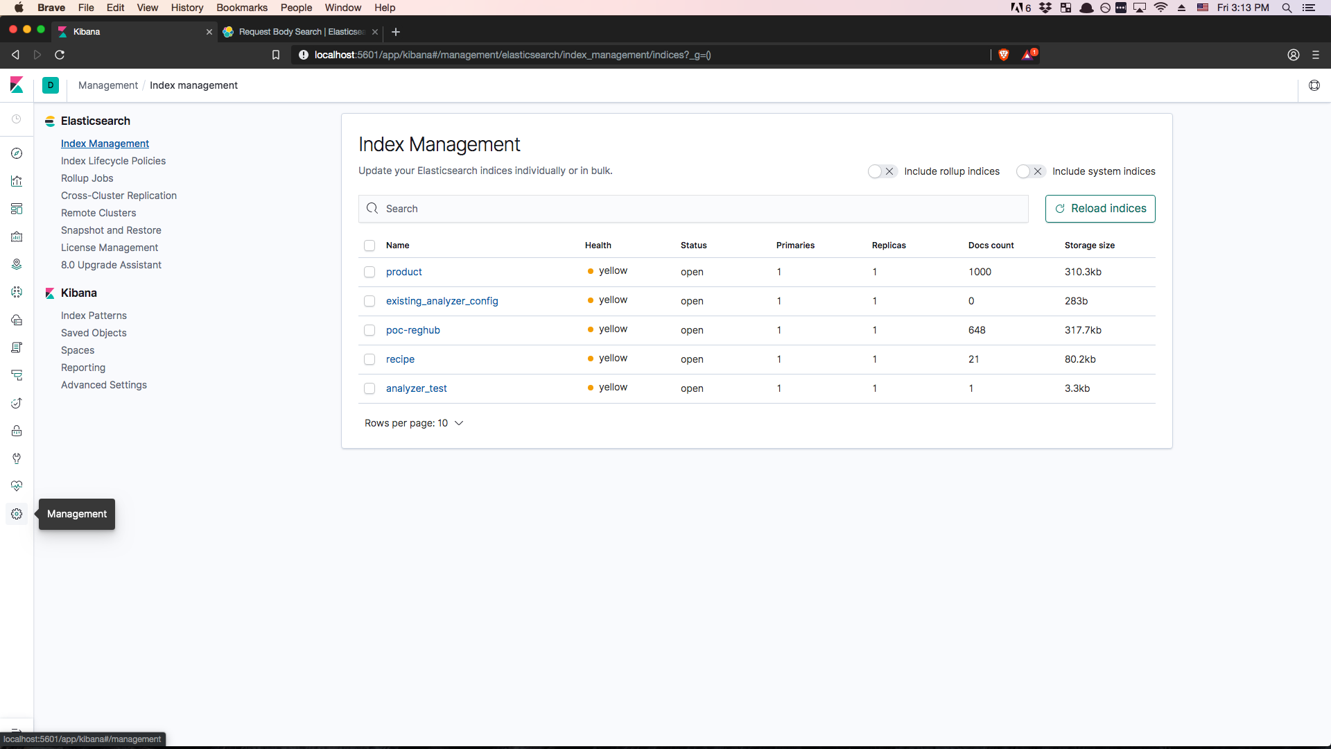 screenshot of kibana index management