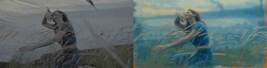 Long-video editing demo: source (left) vs. edited (right)