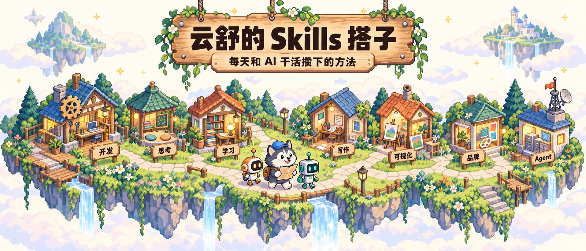 云舒的 Skills 搭子:蓝帽狗子和两个 AI 搭子走在一座漂浮小岛上,岛上七间小屋分别是开发、思考、学习、写作、可视化、品牌和 Agent