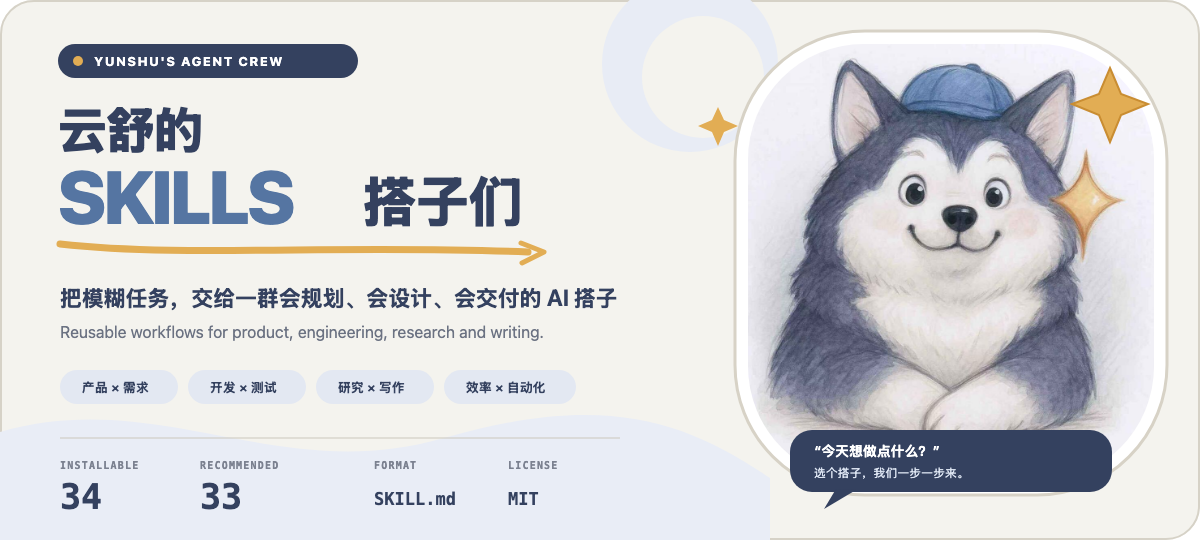 云舒的 Skills 搭子们:狗子 IP 与 38 个面向产品、开发、研究、写作和效率场景的 Agent Skills