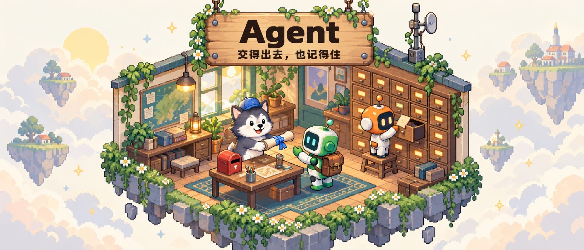 Agent:狗子把卷轴交给要出发的 AI 搭子,另一个搭子把卡片放进记忆抽屉