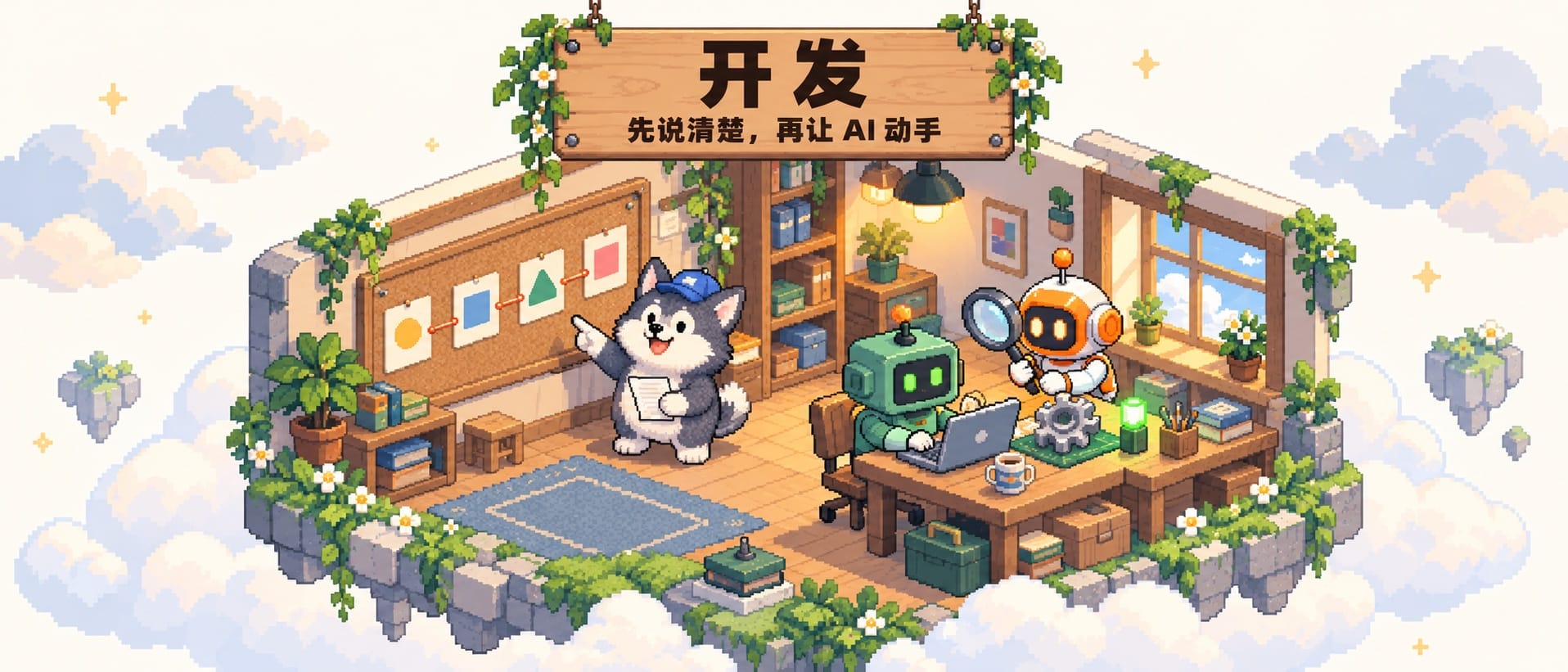 开发:狗子对着流程板讲解,一个 AI 搭子写代码,另一个拿放大镜检查