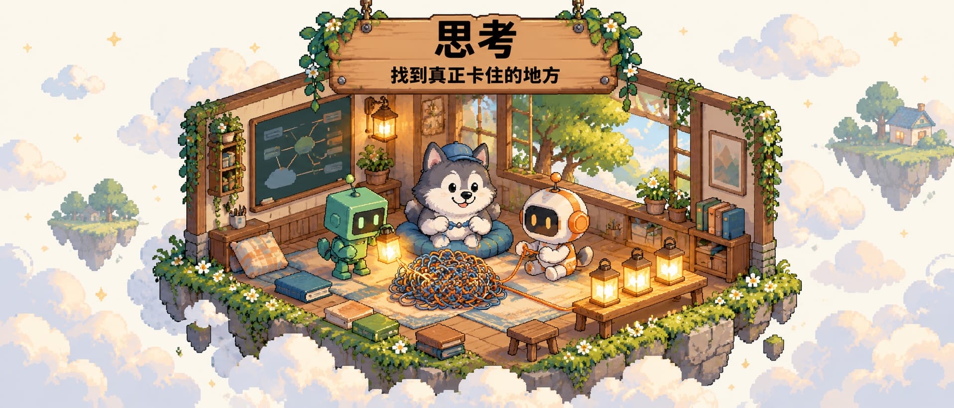 思考:狗子和两个 AI 搭子把一团乱毛线理开,连到三盏亮起的灯笼