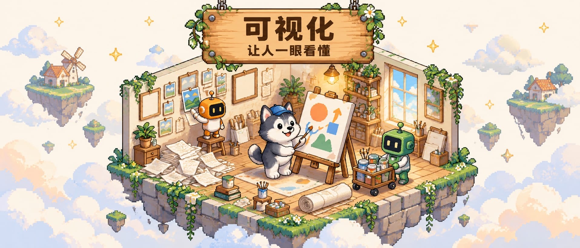 可视化:画室里一边是乱纸堆,一边是画架上清楚的示意图