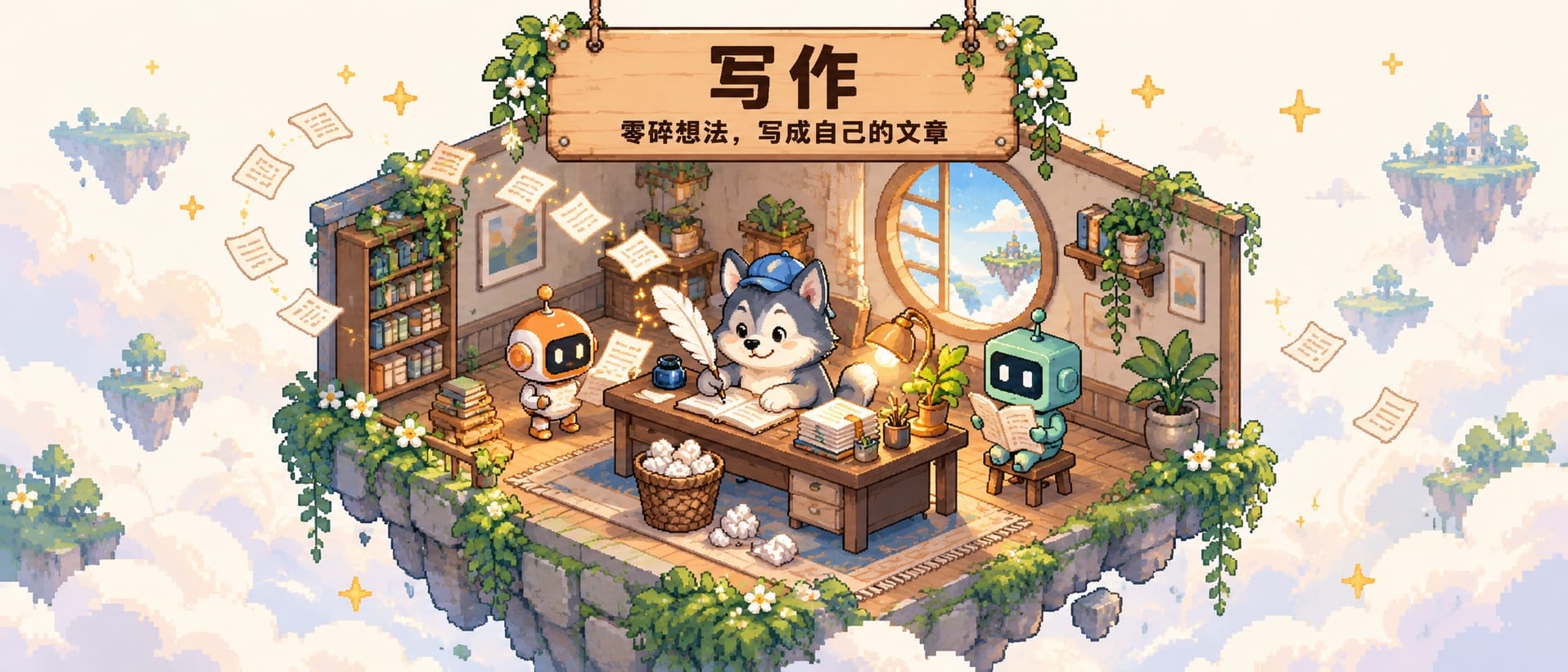 写作:零散纸片飘向书桌上的手稿,狗子握笔书写