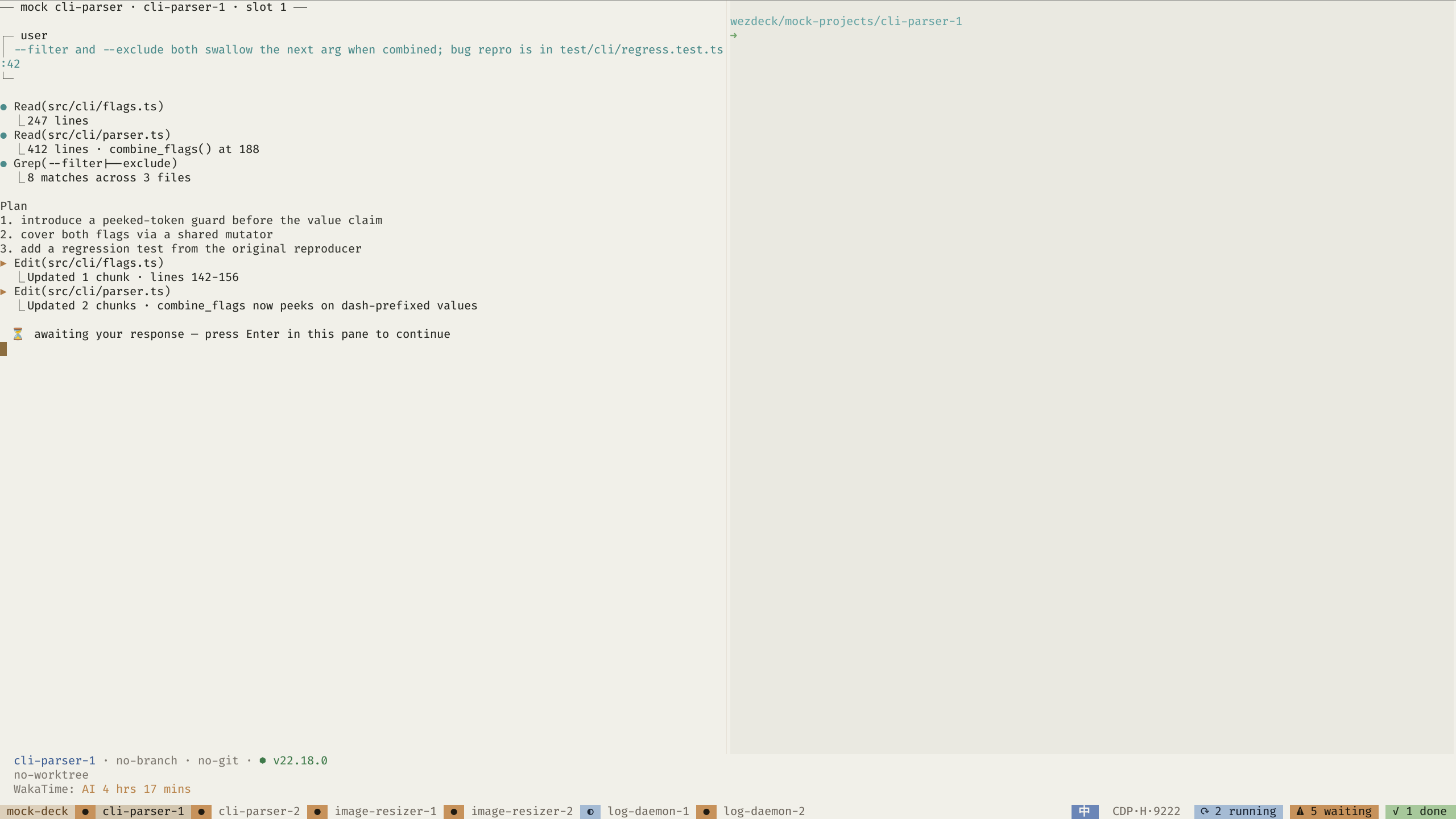 WezDeck flight deck — six mock projects with live tab badges and counter