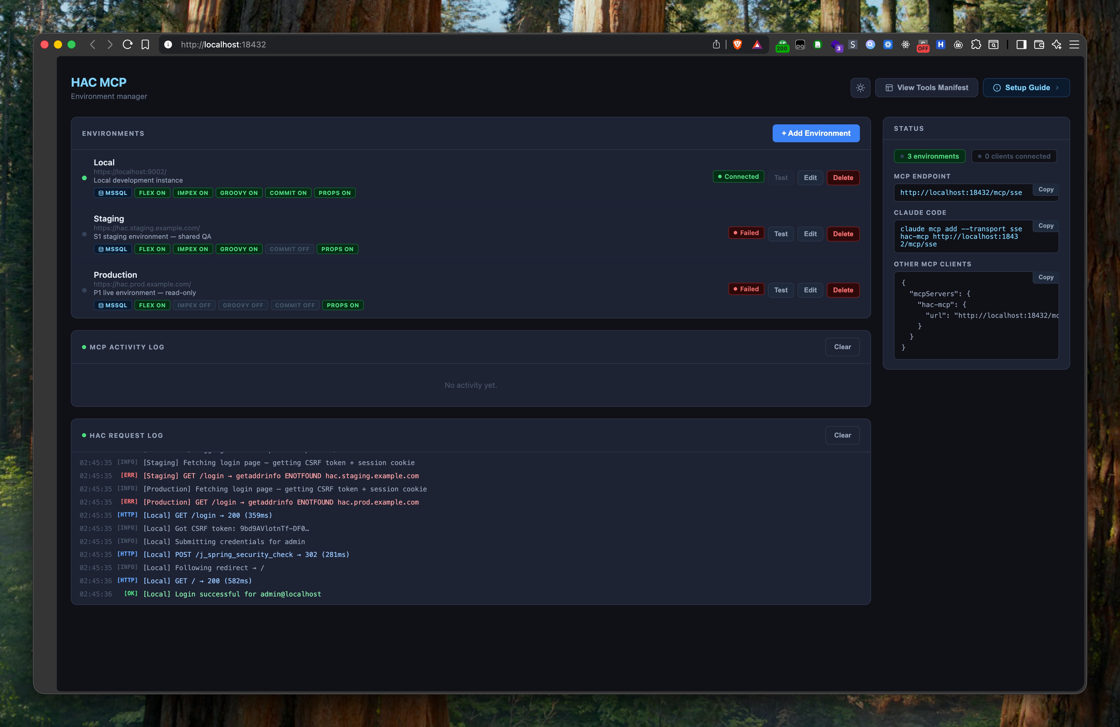 Web UI showing environment list and live activity log