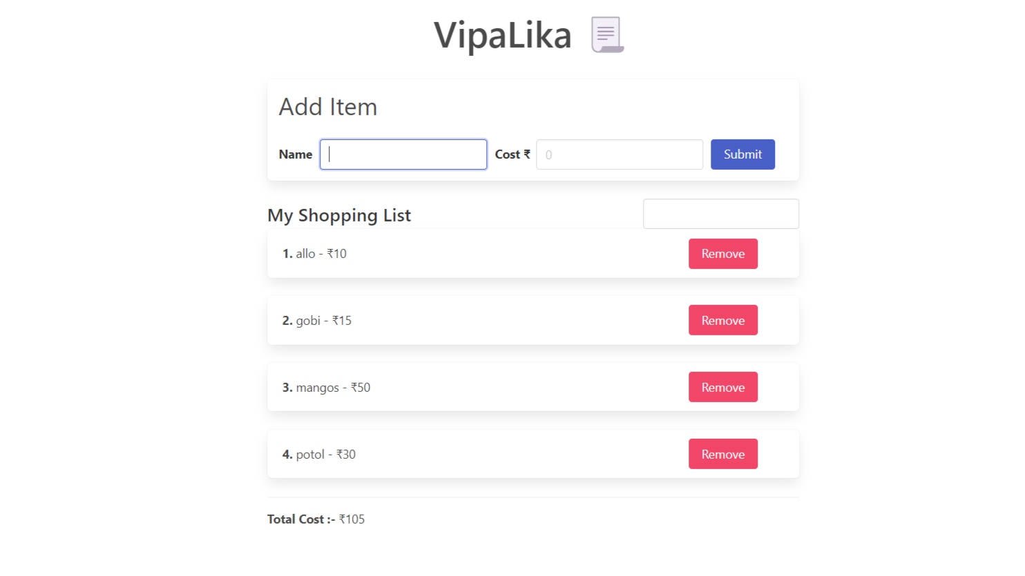 VipaLika app after adding some items with cost
