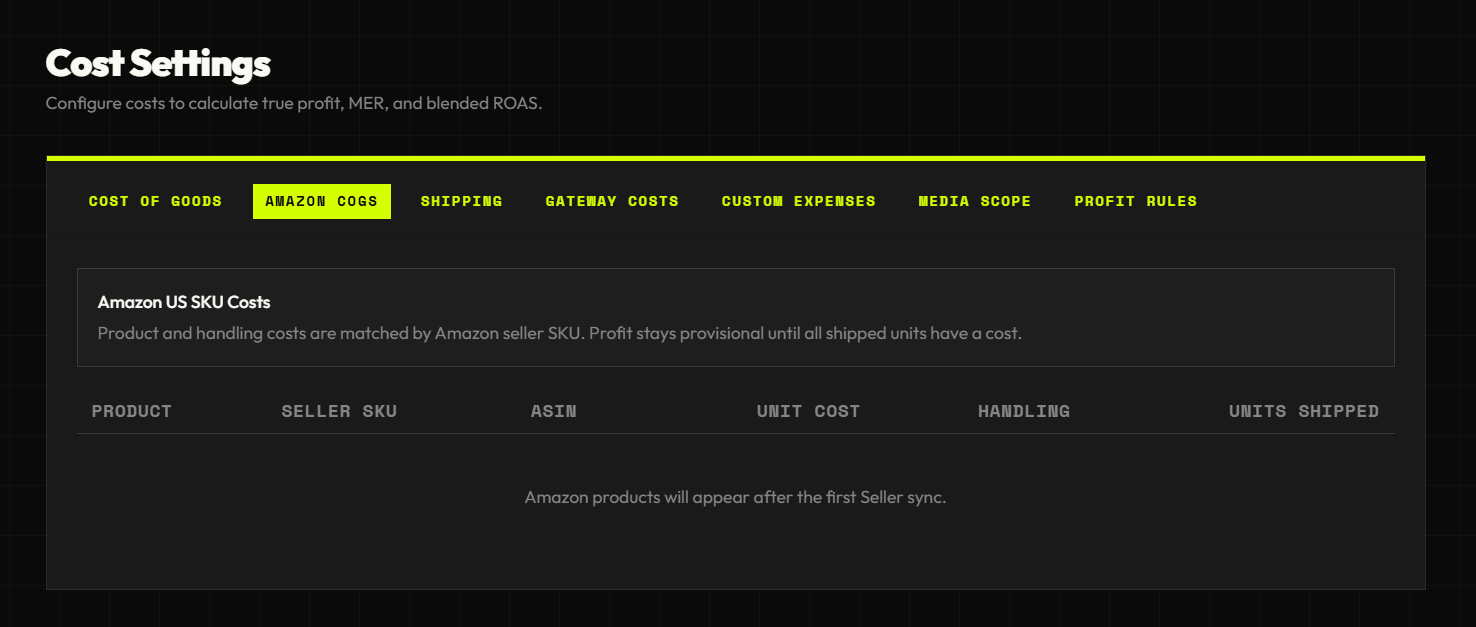 The Amazon COGS tab in Cost settings, showing per-SKU unit and handling cost fields
