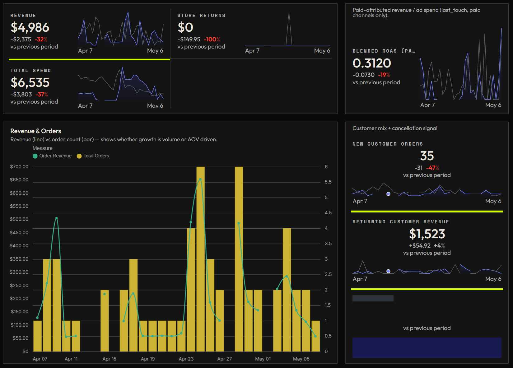 Store Performance dashboard — top section with KPI tiles for revenue, total spend, and blended ROAS.