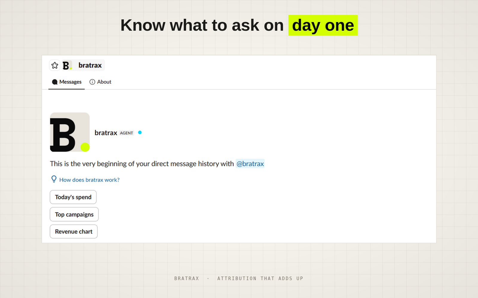 Know what to ask on day one. The bratrax app's Messages tab in Slack on first open, offering three suggested prompts: Today's spend, Top campaigns, and Revenue chart.